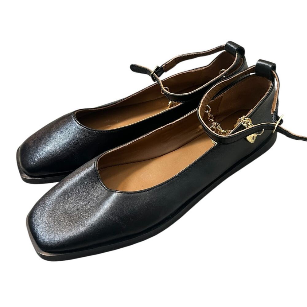 Free People Mystic Treasures Black Leather Charm Ankle Strap Ballet Flats Size 8 - Picture 3 of 6